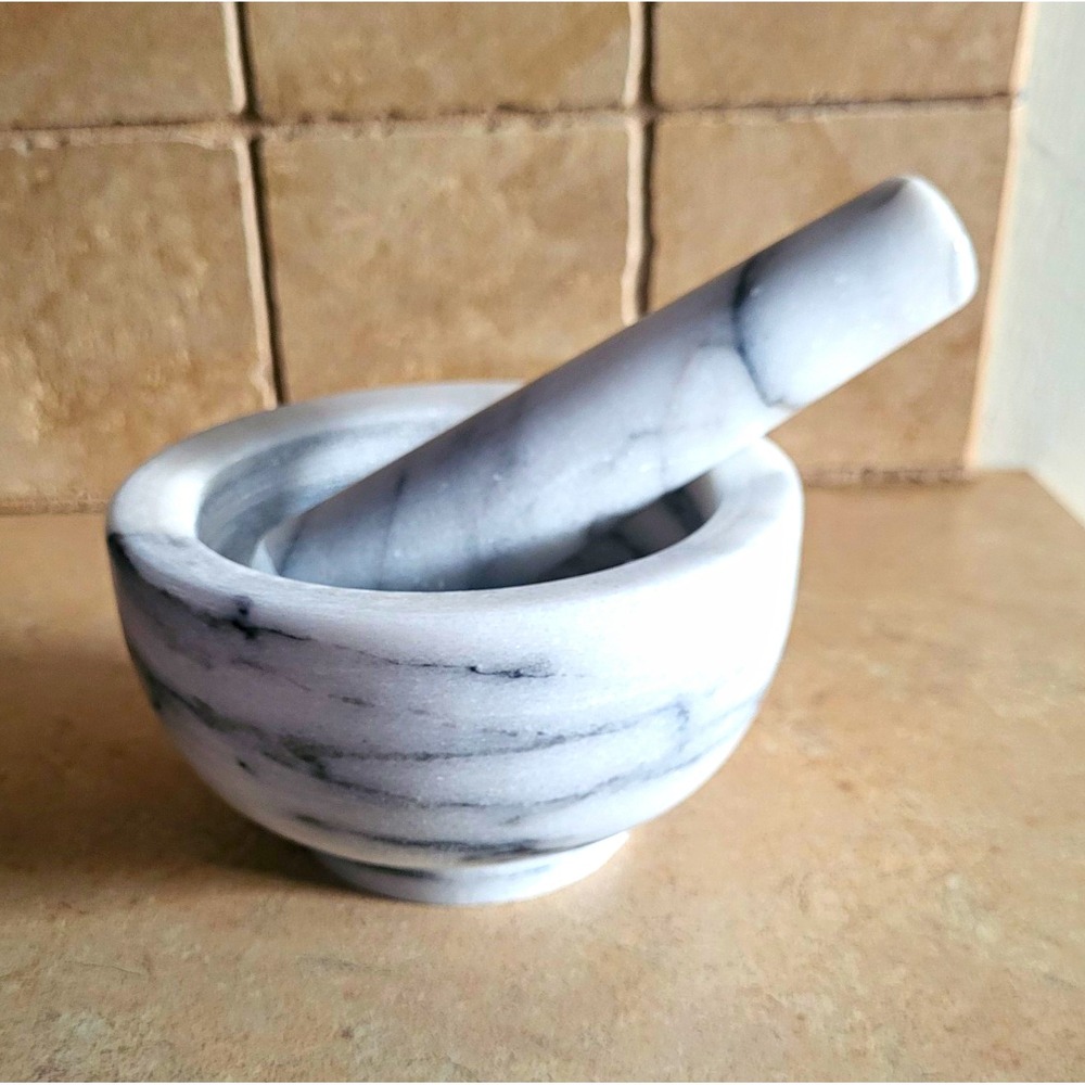 GREENCO Marble Mortar & Pestle, White/Gray Marbled, 4.5 in Dia, MPN 0223